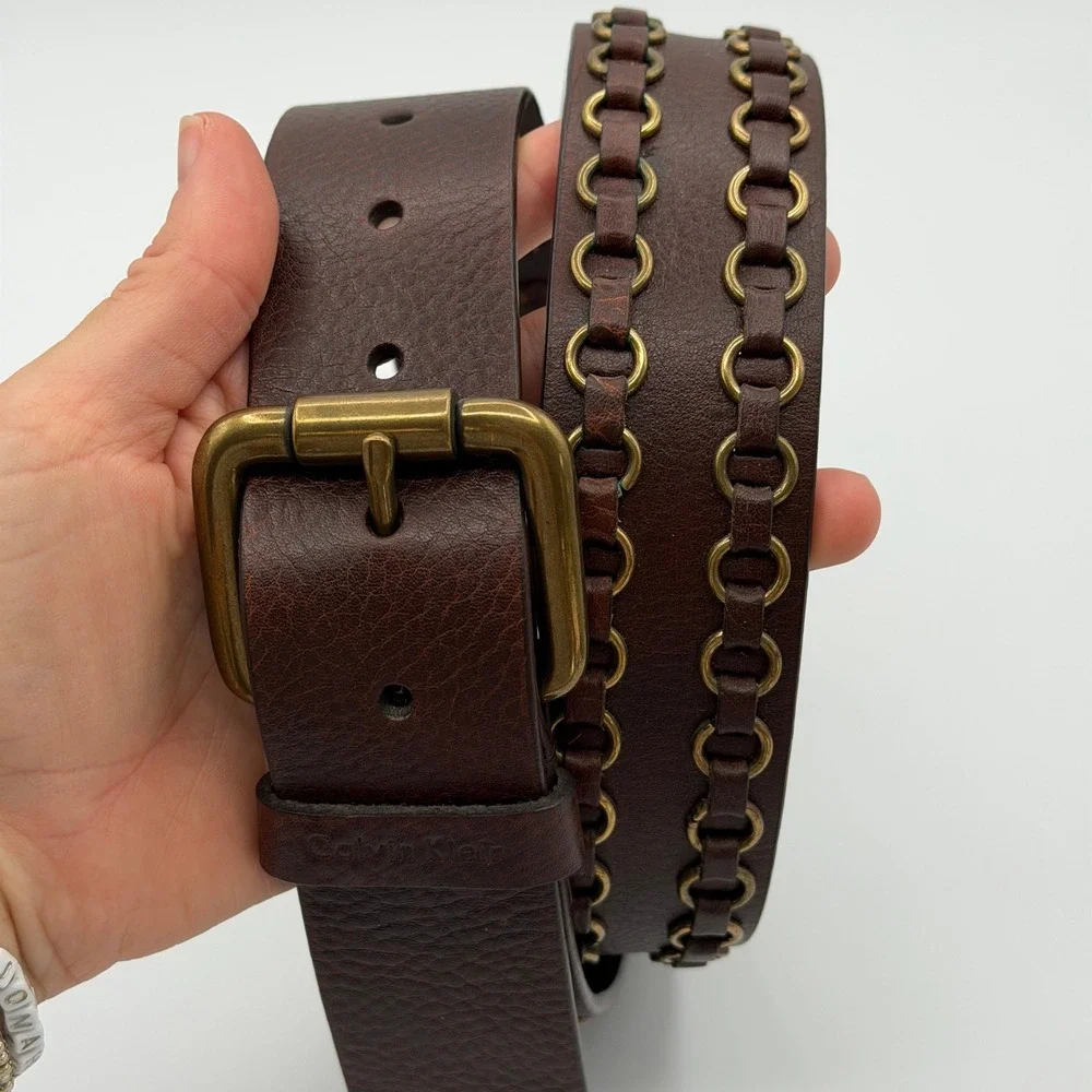 Y2K Calvin Klein Leather Belt Brown Brass Chain Stud Boho Western Medium 36
